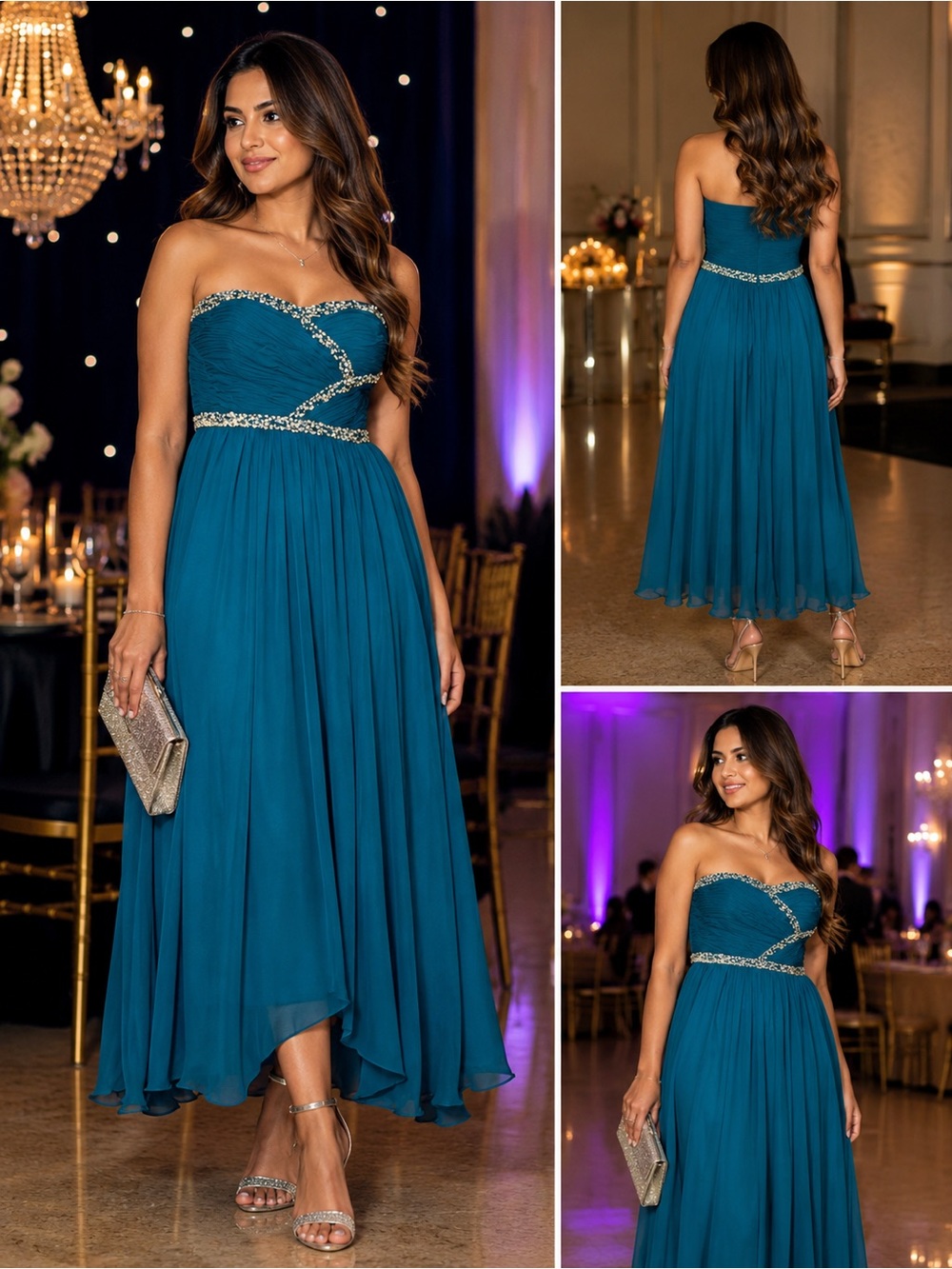 Elegant Teal Strapless Evening Dress with Matching Shawl